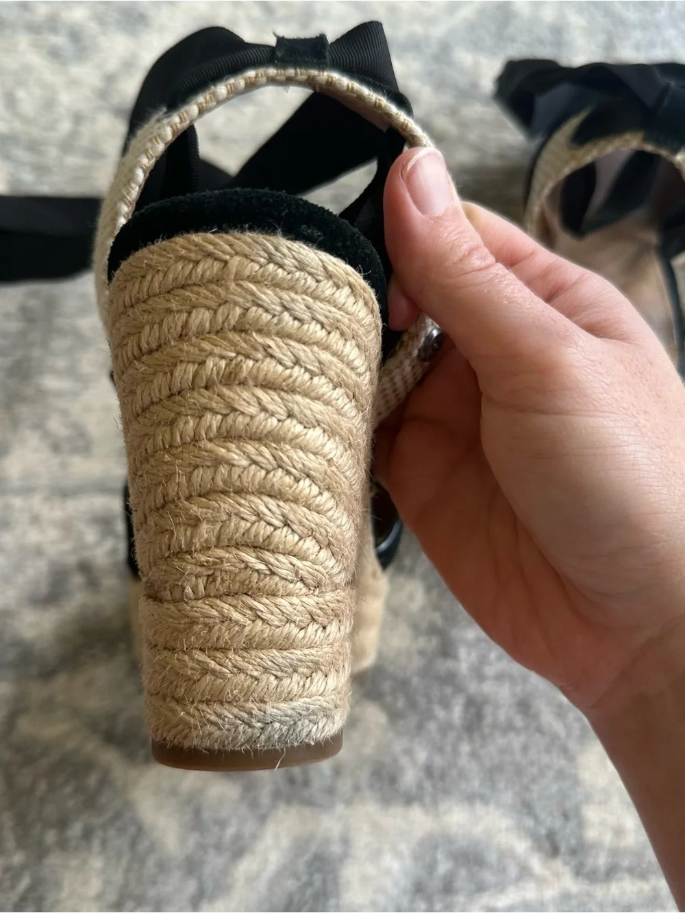 UGG Shiloh Black Suede Espadrille Wedge Sandals Ribbon Tie Wrap Womens Size 7